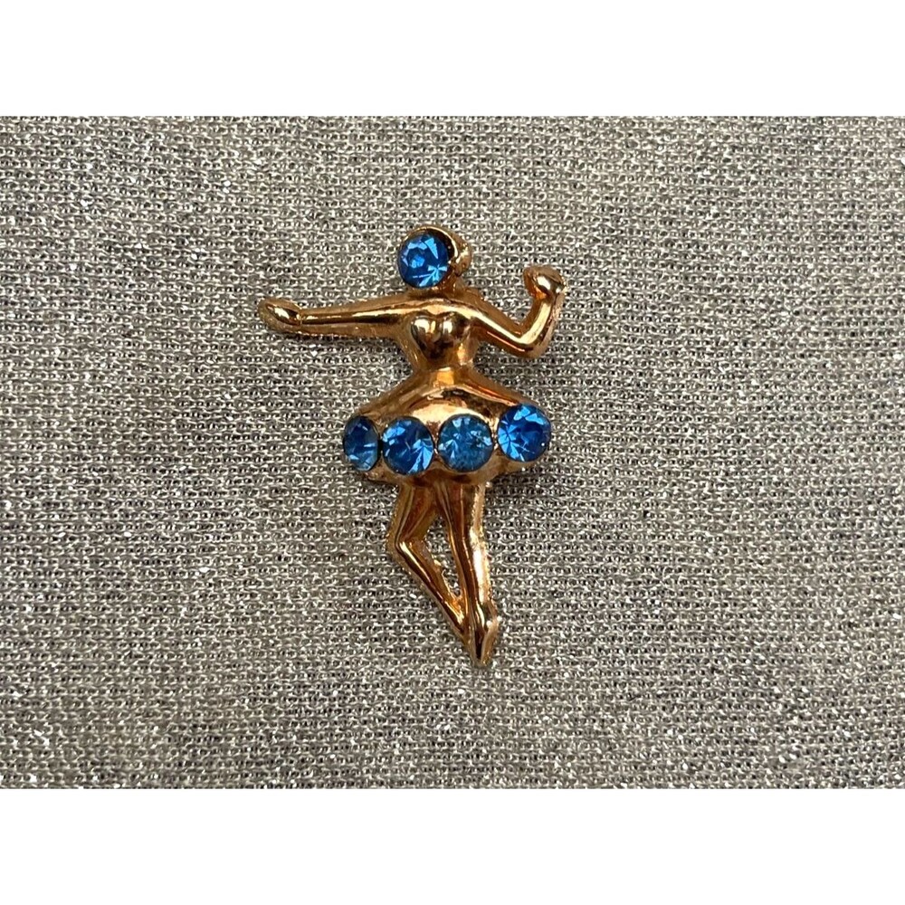 Vintage 50s Ballerina Brooch 1950s Small Gold Tone Blue Rhinestone Tiny Dancer